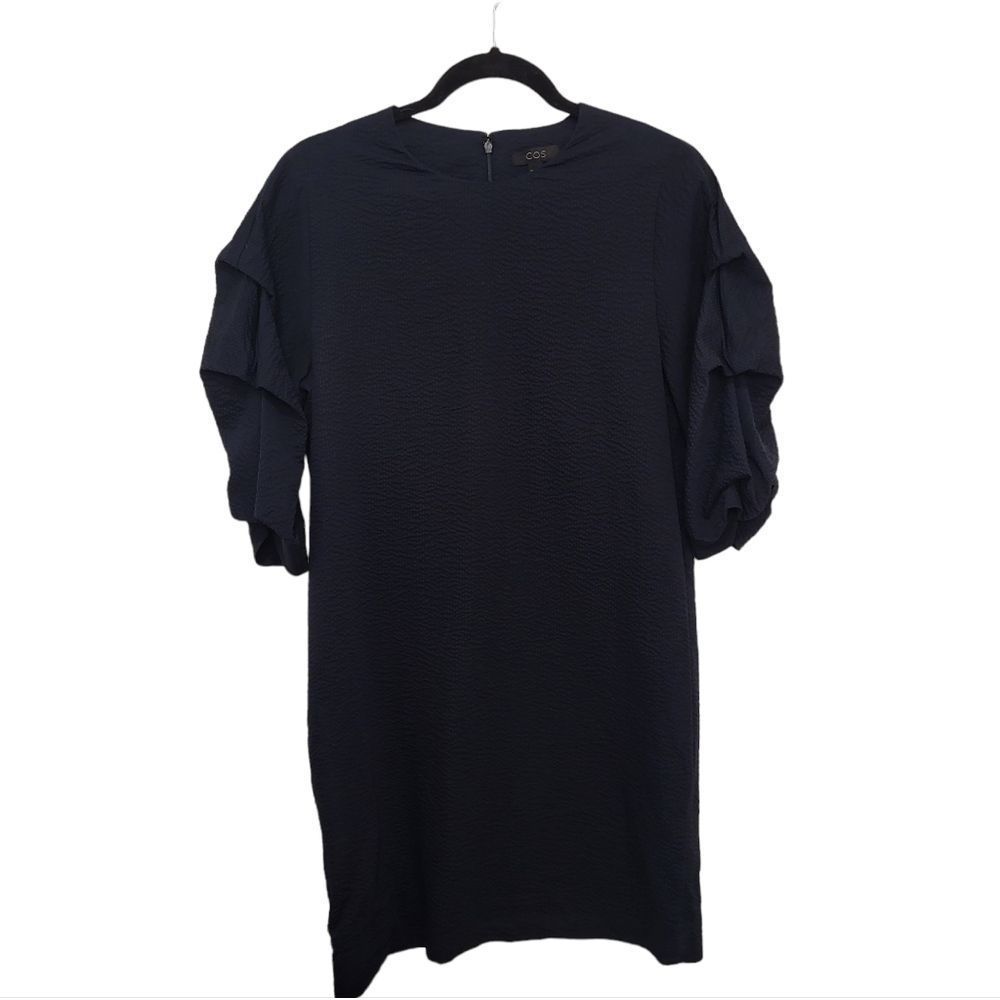 COS size 38 navy textured shift dress ruched puff sleeves